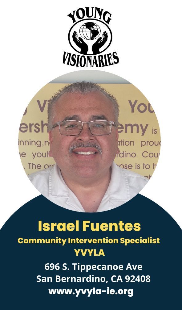Portrait of Israel Fuentes in a VVYLA volunteer ID card with logo and contact details