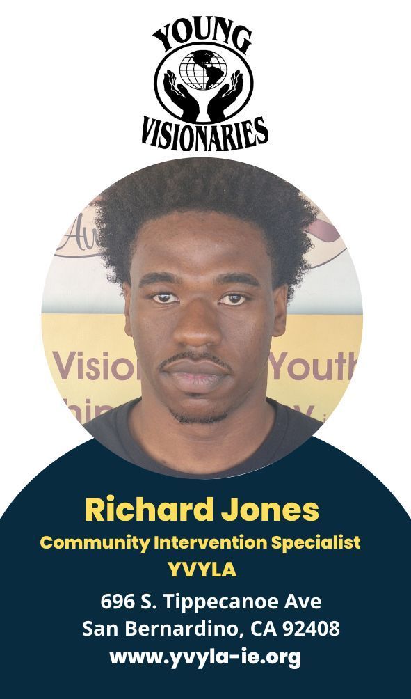 Young Visionaries flyer featuring Richard Jones, Community Intervention Specialist, with contact details and logo