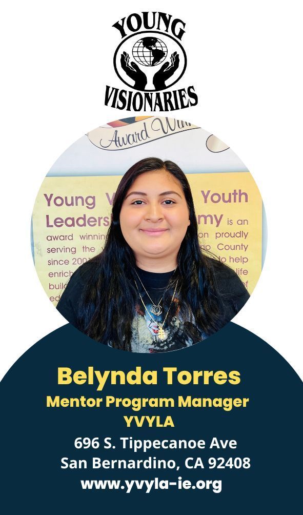 Portrait of Belynda Torres with Young Visionaries logo, mentor program title, and YVYLA contact details