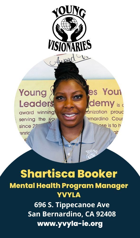 Portrait of Shartisca Booker, Mental Health Program Manager, in a YWLA/Young Visionaries flyer, blue and gold design