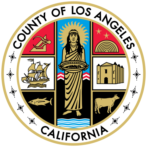 Seal of Los Angeles County, California, with circular emblem and symbols including a mission, ship, bear, and sun.