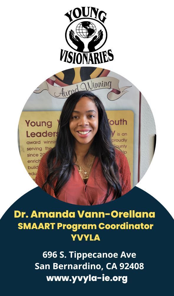 Dr. Amanda Vann-Orellana smiling in a circular portrait, Young Visionaries logo and contact info below