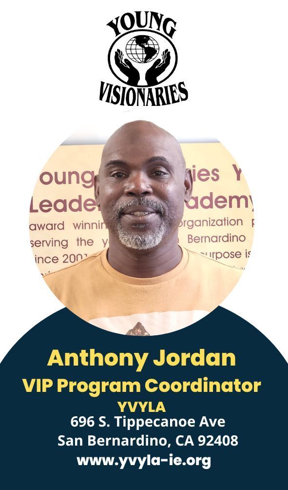 Portrait of Anthony Jordan in a blue shirt, with Young Visionaries logo and VIP Program Coordinator text.
