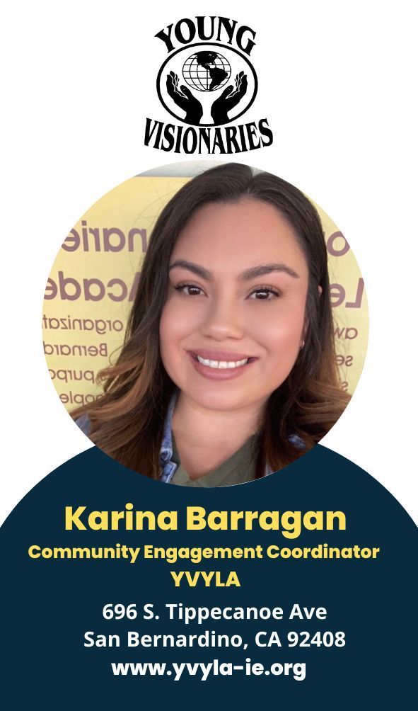 Young Visionaries profile card with smiling portrait of Karina Barragan and organization contact details.