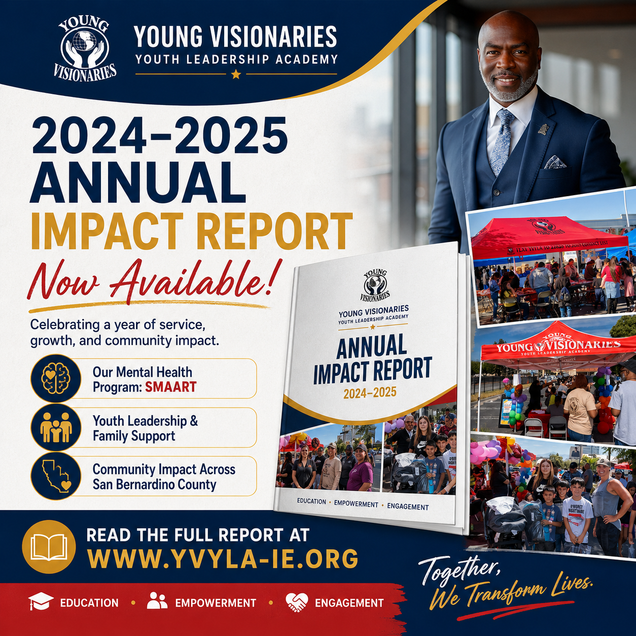 Young Visionaries 2024-2025 annual impact report promo with booklet, photos, and website URL