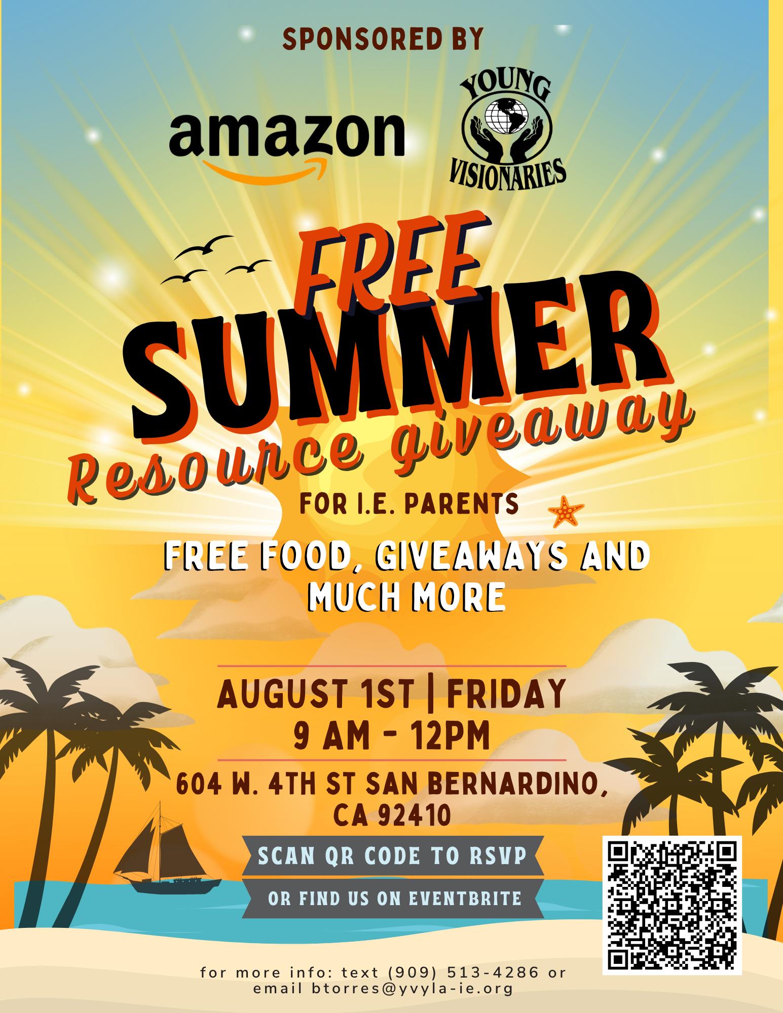 Flyer for Amazon-sponsored free summer resource giveaway with food, games, and school supplies, Aug. 1 in San Bernardino