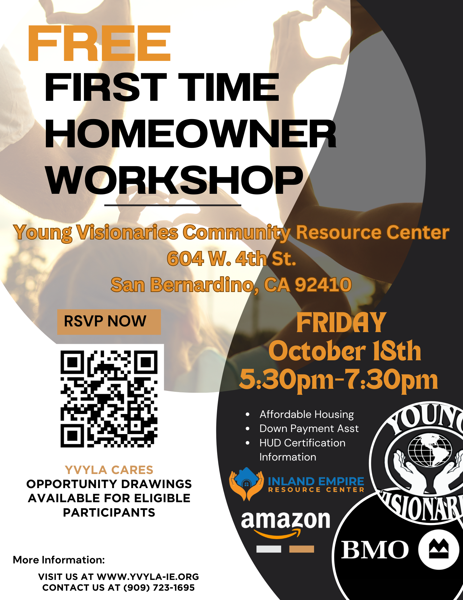 Flyer for free first-time homeowner workshop, Friday Oct. 18, 5:30–7:30 p.m., with QR code and sponsor logos
