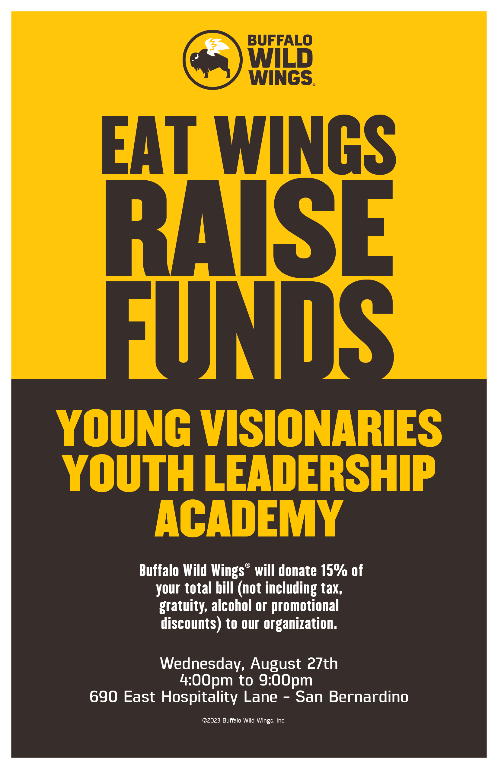Yellow and black Buffalo Wild Wings poster: “Eat Wings Raise Funds” for Young Visionaries Youth Leadership Academy.