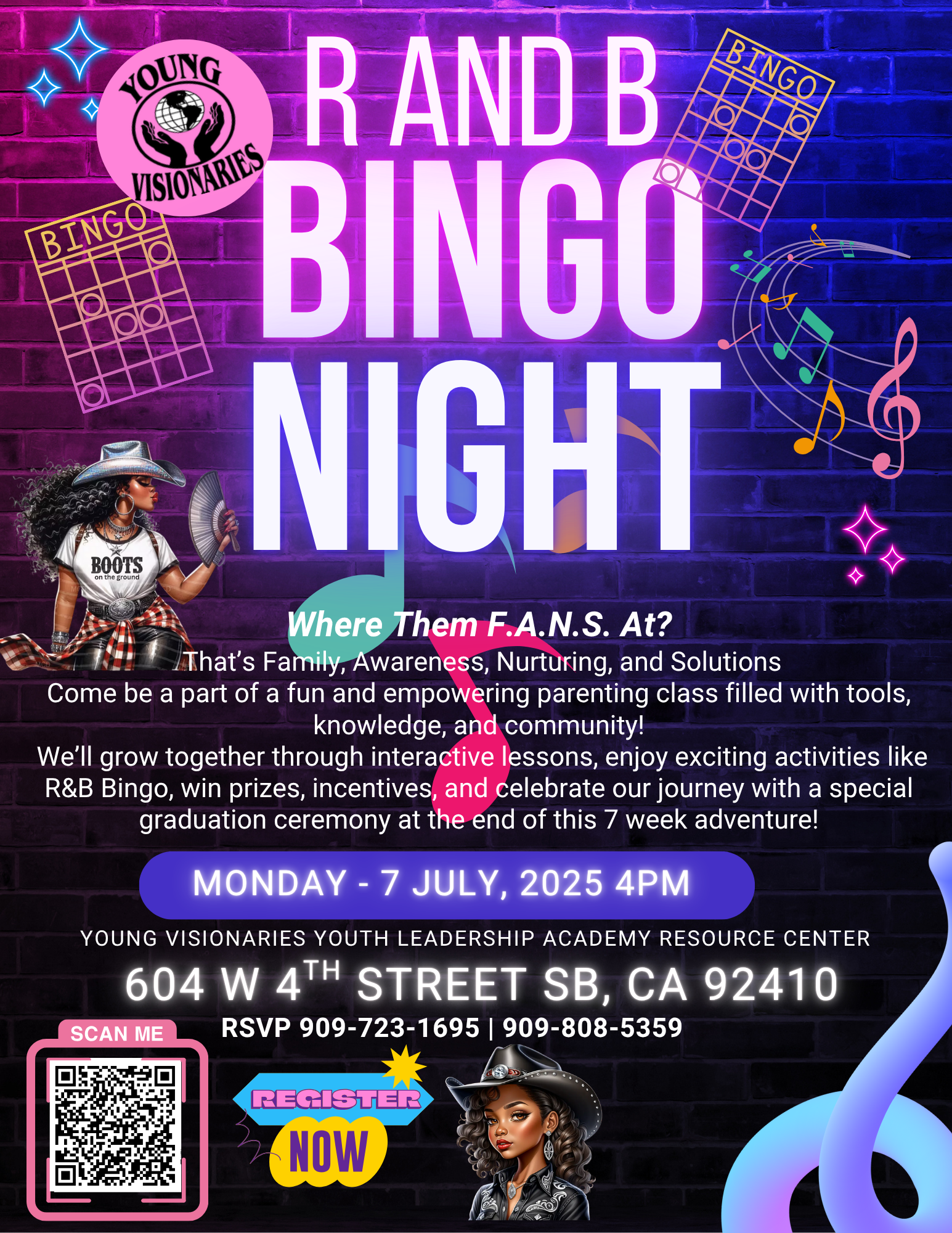 R and B Bingo Night flyer with purple neon graphics, Monday July 7, 2025, 4 PM, at 604 W 4th St, San Pedro, CA.