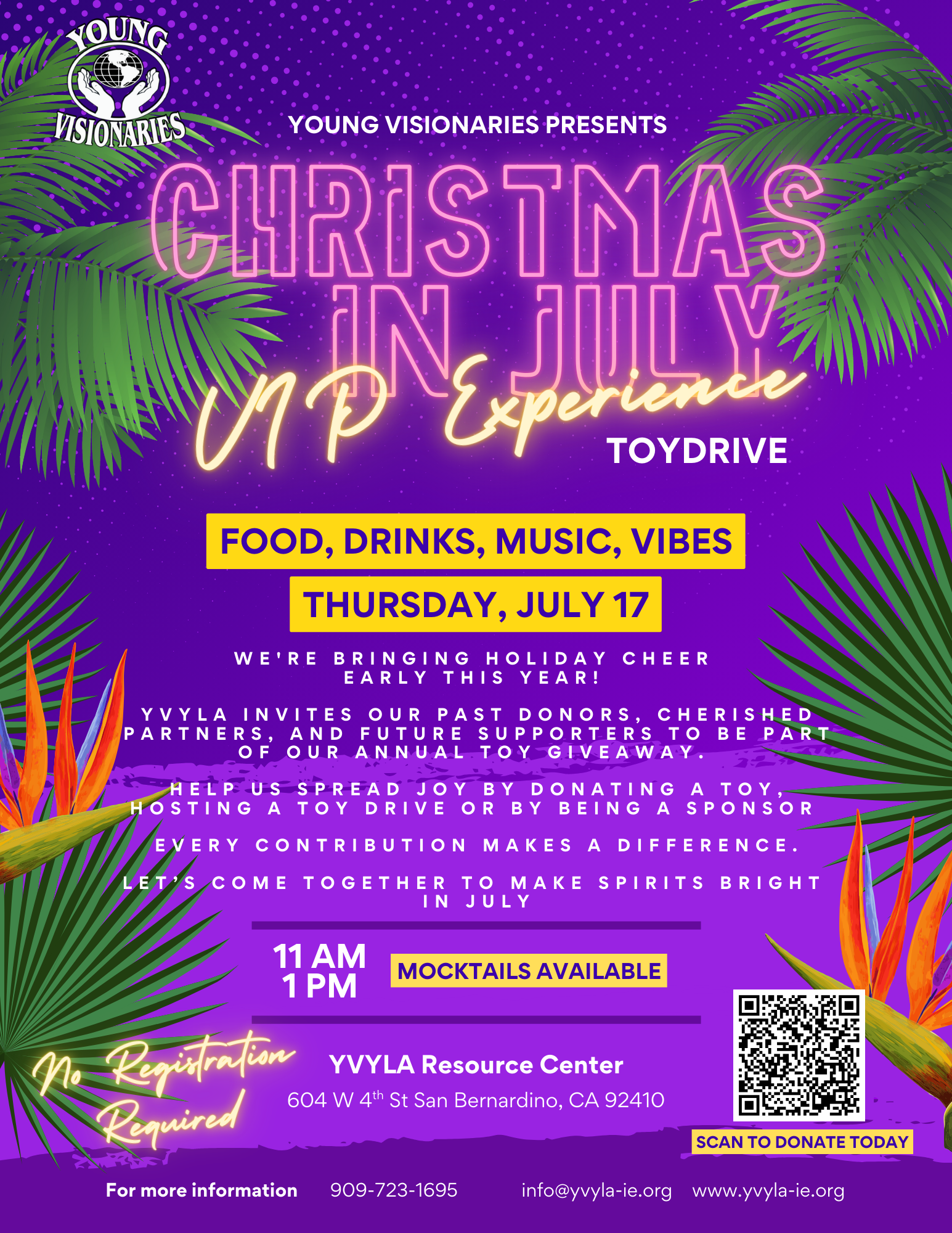 Purple Christmas in July event flyer with tropical leaves, food, drinks, music, and a Thursday July 27 date.