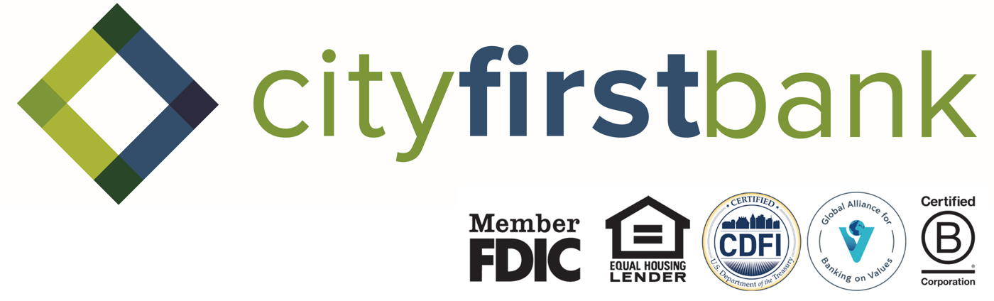 City First Bank logo with green and blue diamond mark and FDIC, Equal Housing, and other certification icons