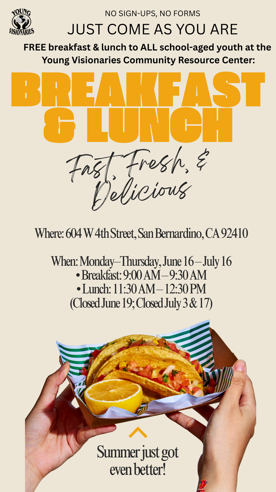 Promotional flyer for Breakfast & Lunch with burger and coffee in a takeout box, warm orange and white design