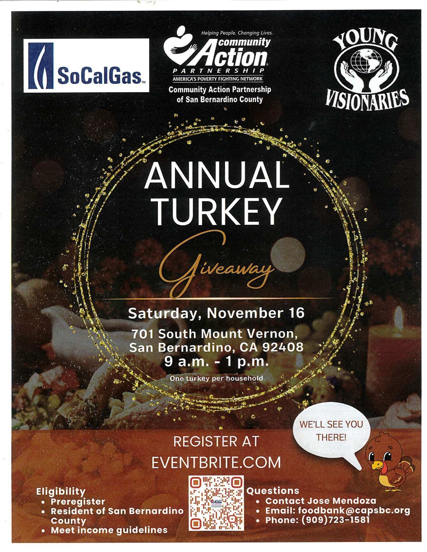 Annual Turkey Giveaway flyer with sponsor logos and event details on a dark festive background