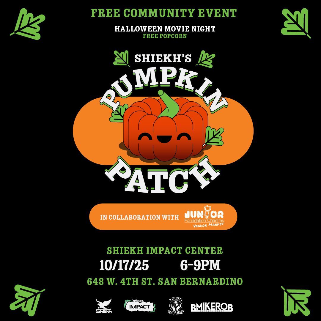 Flyer for Sheikh's Pumpkin Patch Halloween movie night at Sheikh Impact Center, Oct 17, 6-9 PM.