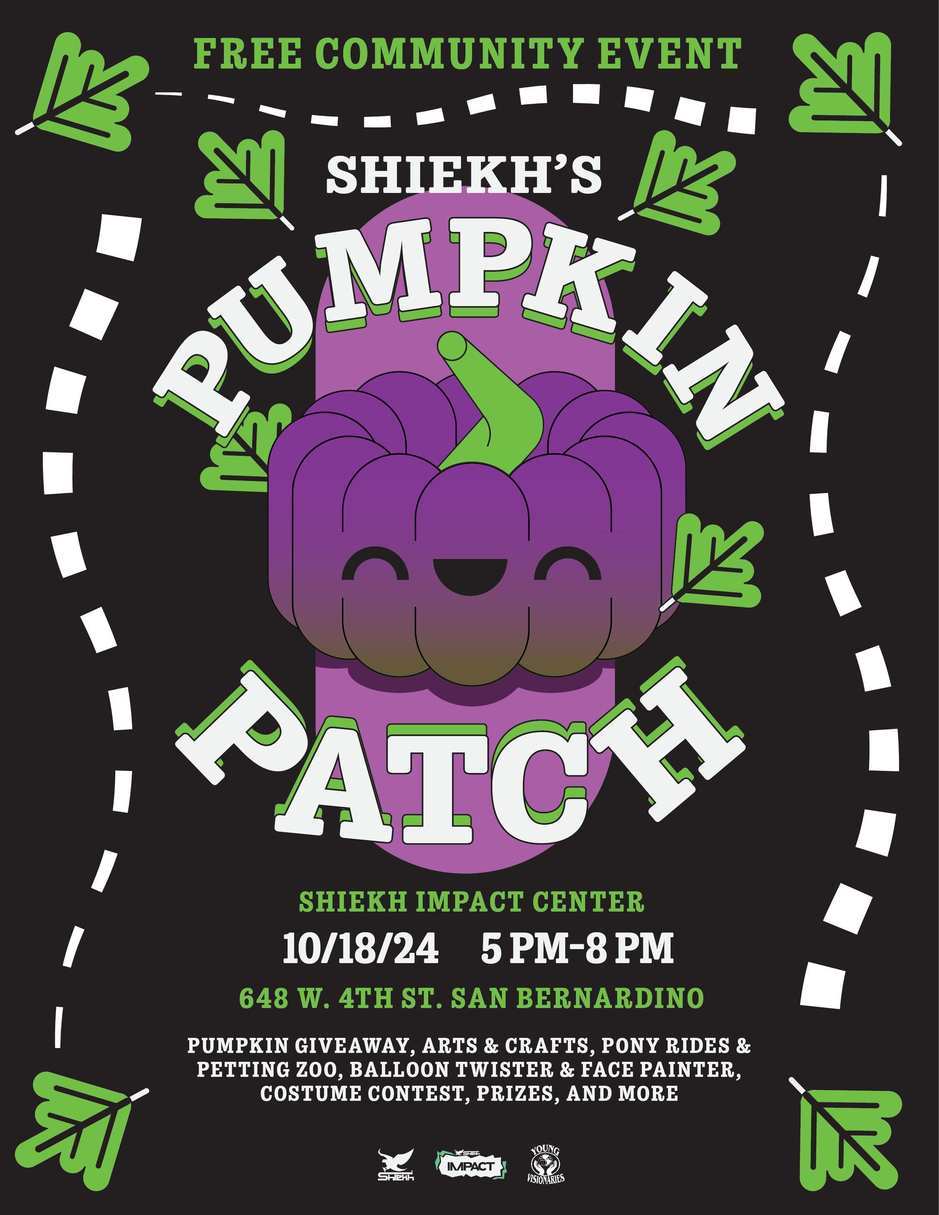 Free community event poster for Shiekh's Pumpkin Patch, featuring a purple jack-o'-lantern and green accents.