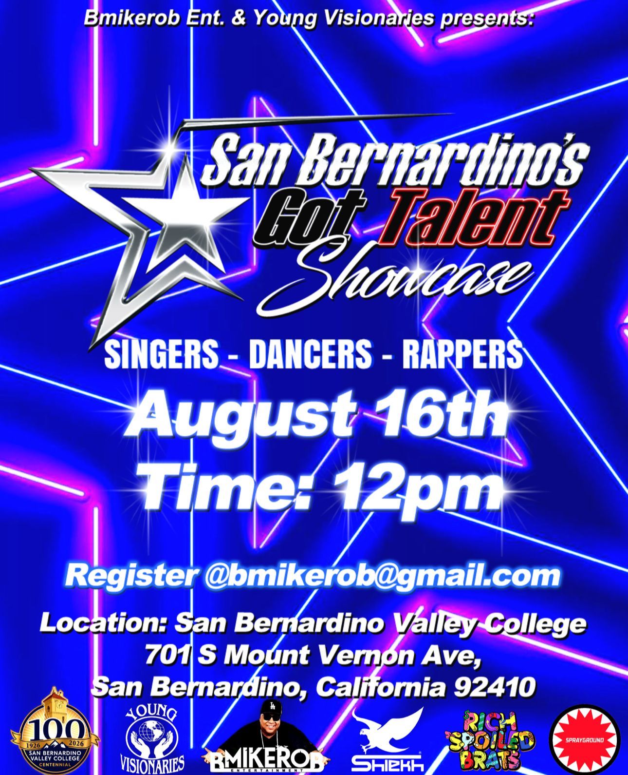 San Bernardino's Got Talent Show flyer, Aug. 16 at 12pm, San Bernardino Valley College