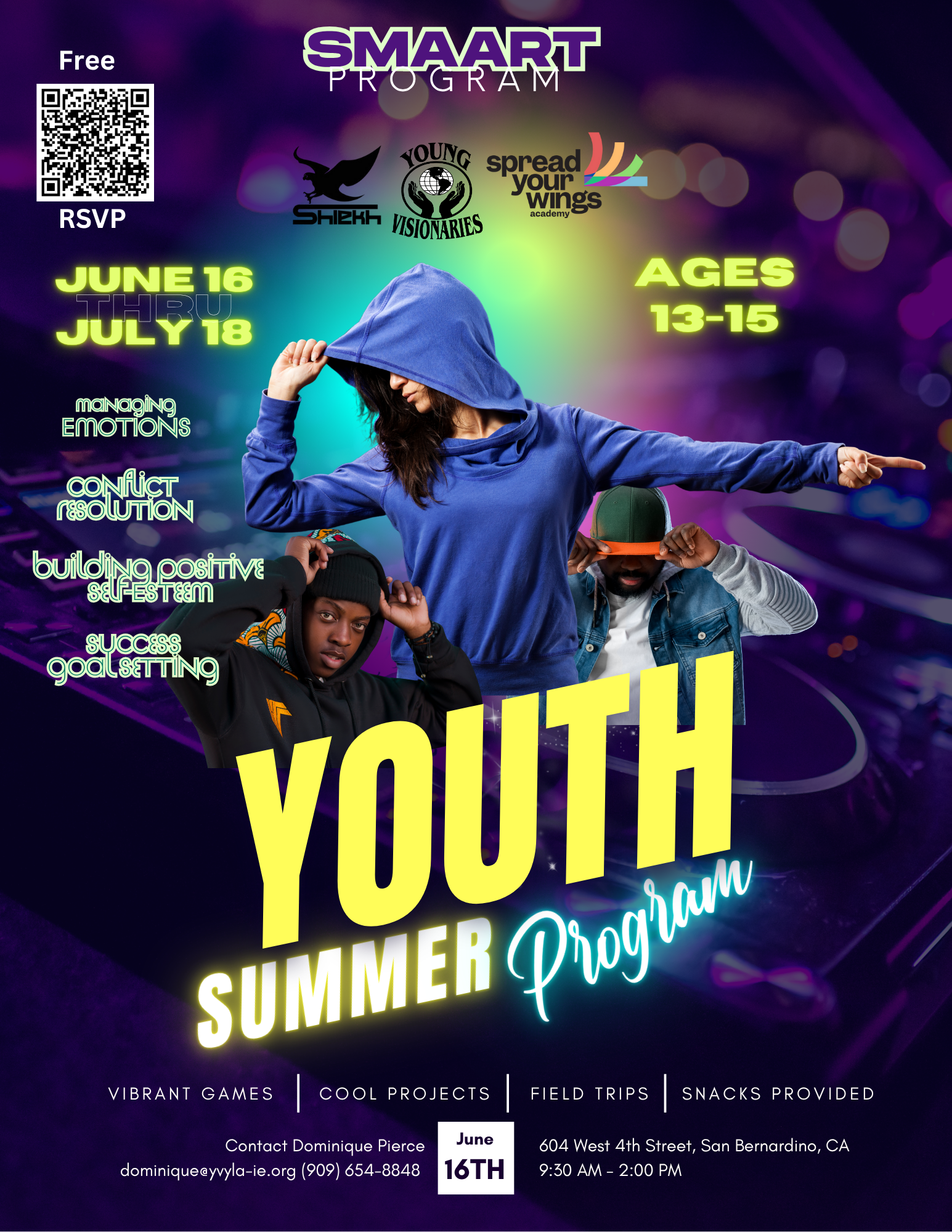 Youth summer program flyer with dancing teens in hoodies, purple background, June 10–July 10, ages 13–16.