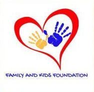 Red heart logo with yellow and blue handprints and the text “Family and Kids Foundation”