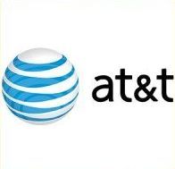 AT&T logo with blue globe icon and black lowercase text