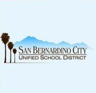 San Bernardino City Unified School District logo with palm trees and blue mountain silhouette