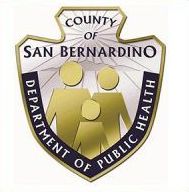San Bernardino County Department of Public Health shield logo with gold figures on white and black crest