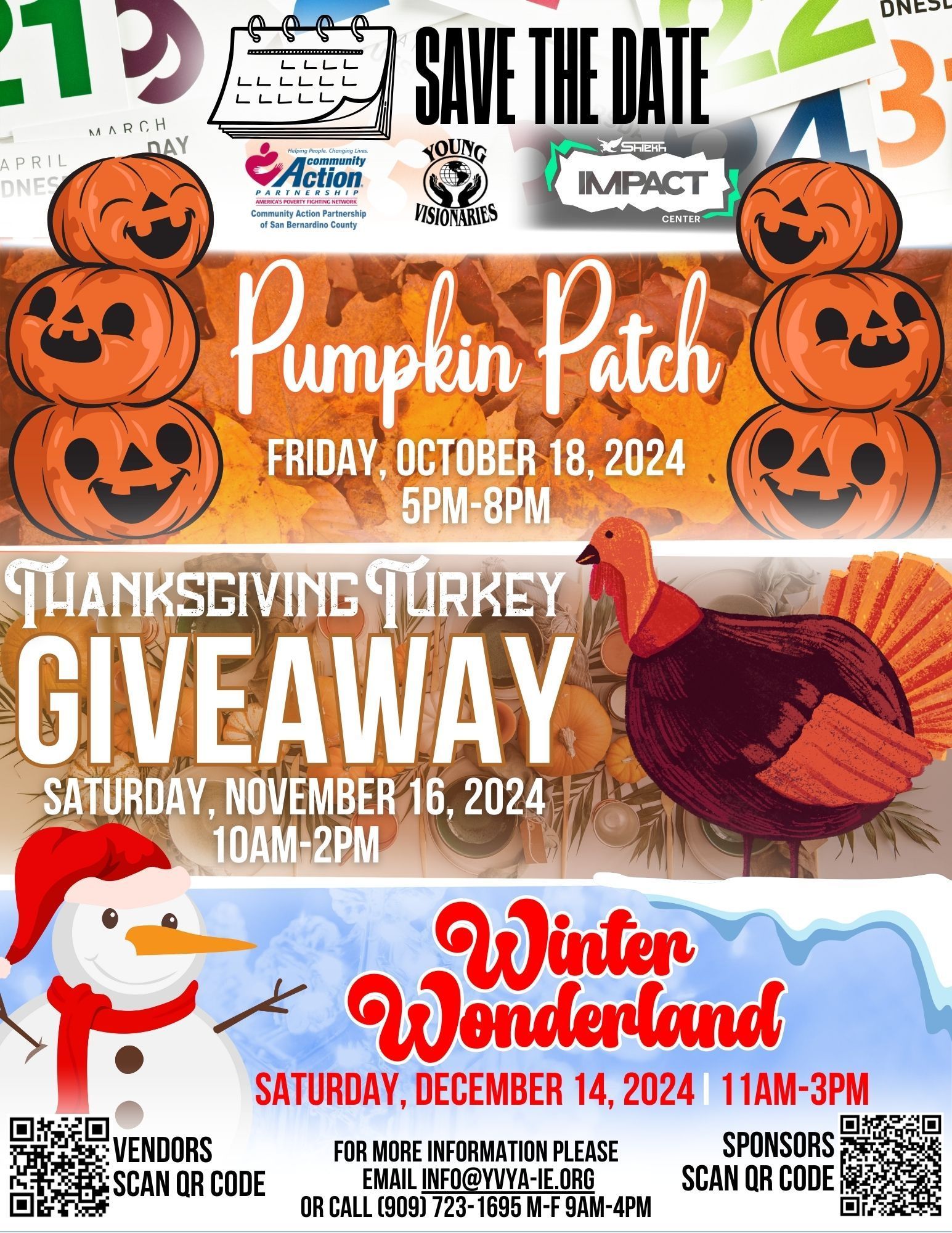 Fall event flyer: Pumpkin Patch, Thanksgiving Turkey Giveaway, and Winter Wonderland with dates and times