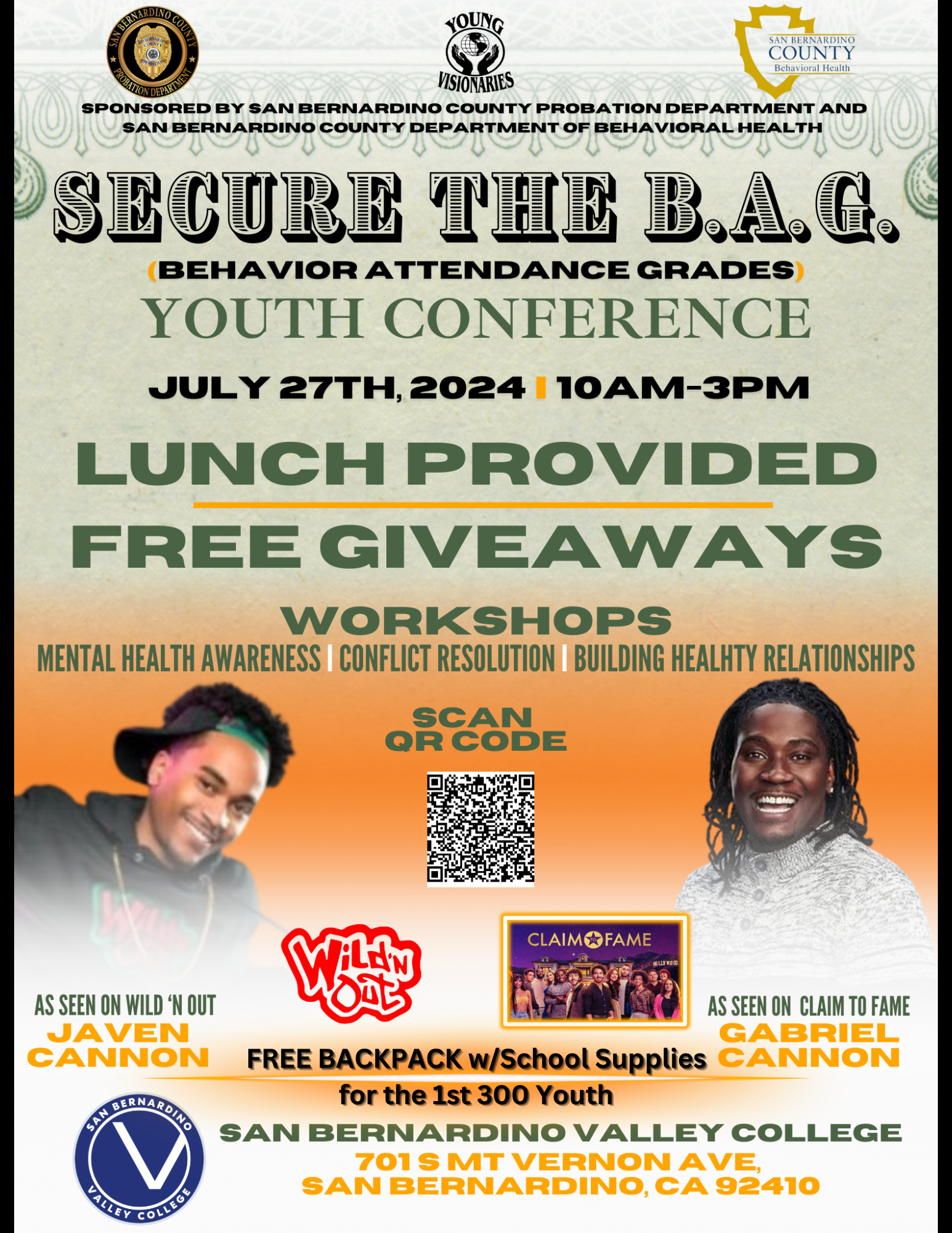 Secure the Bag youth conference flyer with lunch, free giveaways, workshops, QR code, and speaker photos