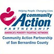 Community Action Partnership of San Bernardino County logo with pink hands and blue text