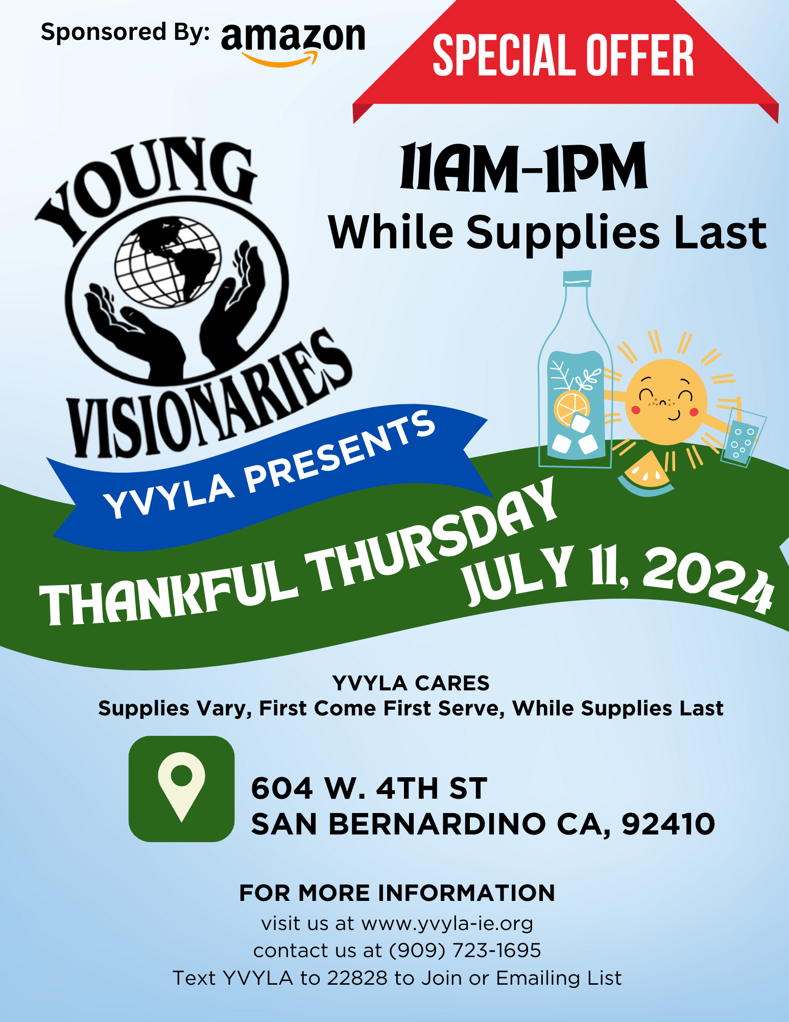 Young Visionaries VYVLA summer event flyer: Special offer 11am–1pm, July 11, 2024, San Bernardino, CA