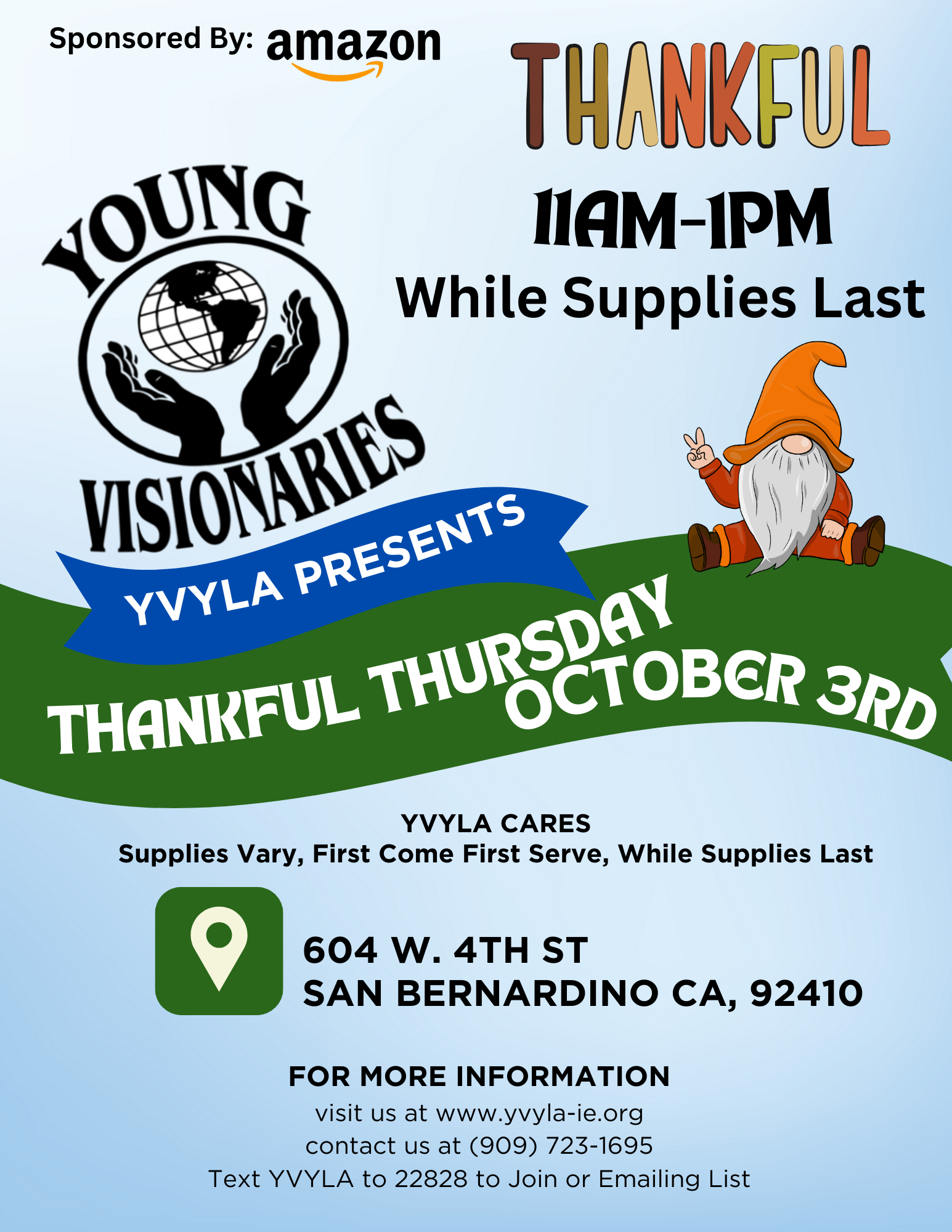 Thankful Thursday food drive flyer: 11am–1pm, Oct 3, 604 W. 4th St., San Bernardino, CA 92410.