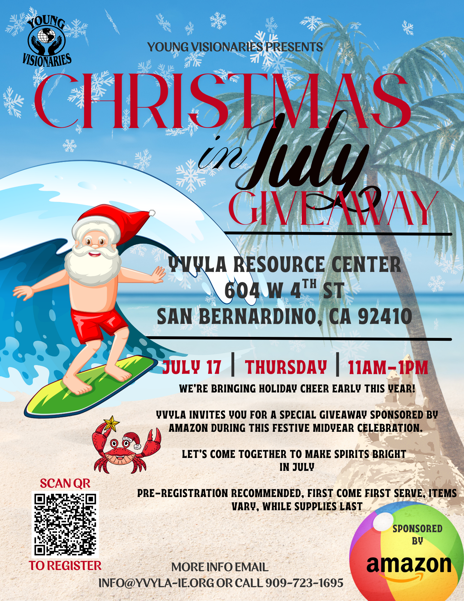 Christmas in July gym flyer with Santa surfing; July 17 at DVLIA Resource Center in San Bernardino.