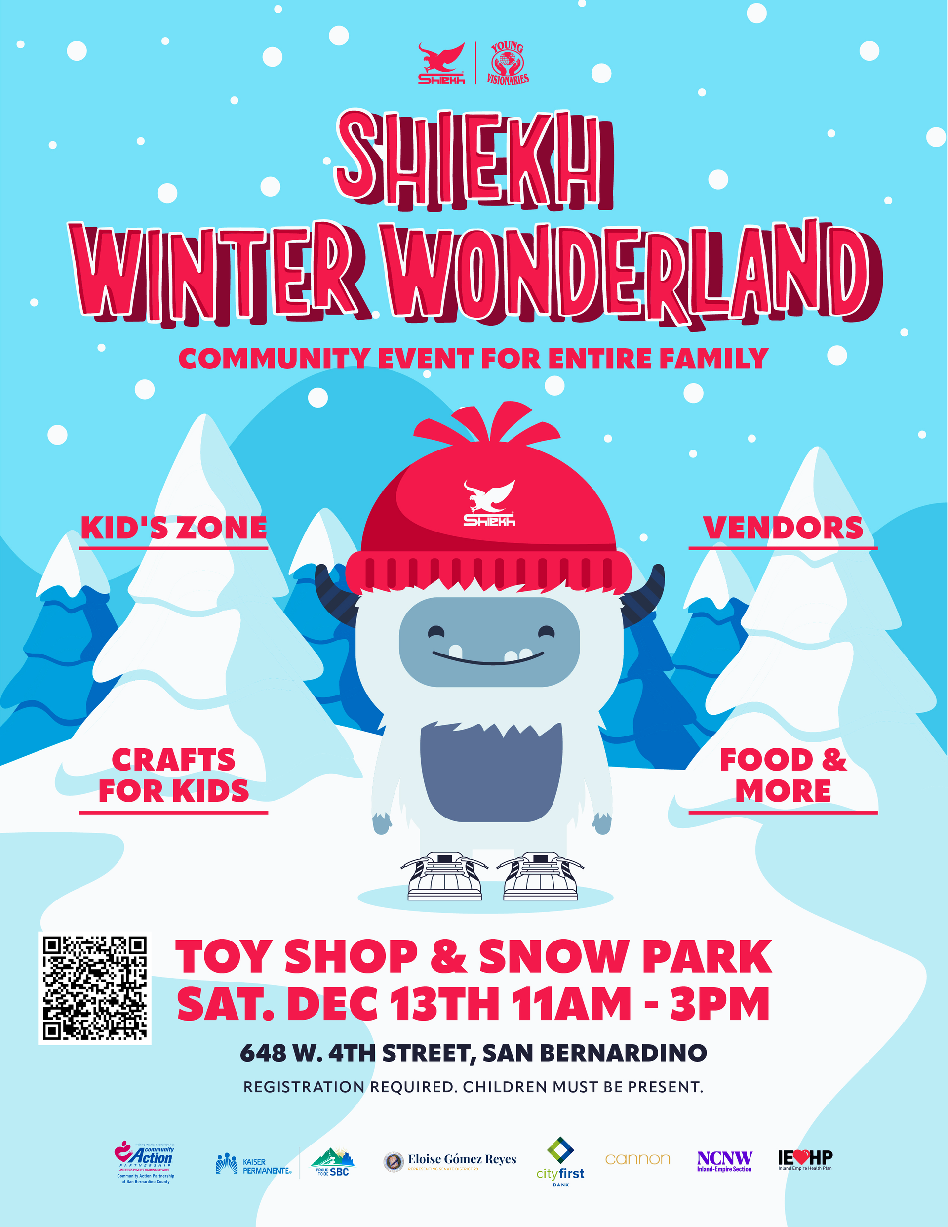 Shiekh Winter Wonderland poster with blue snowy background and cartoon yeti at Toy Shop & Snow Park