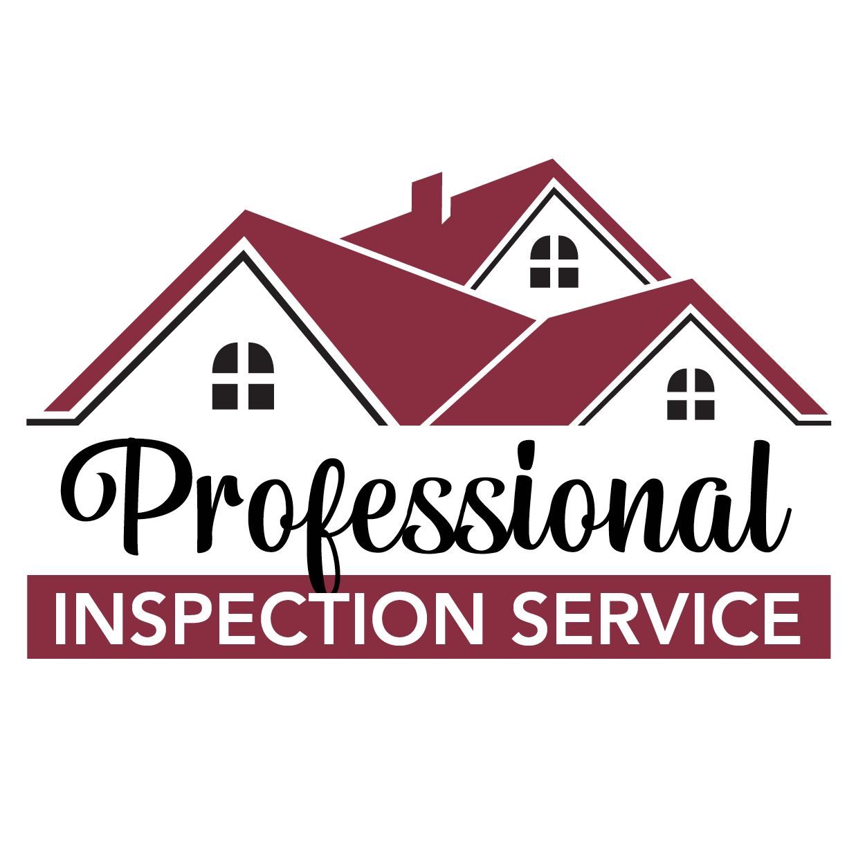 Logo for Professional Inspection Service with maroon house roofs and black text