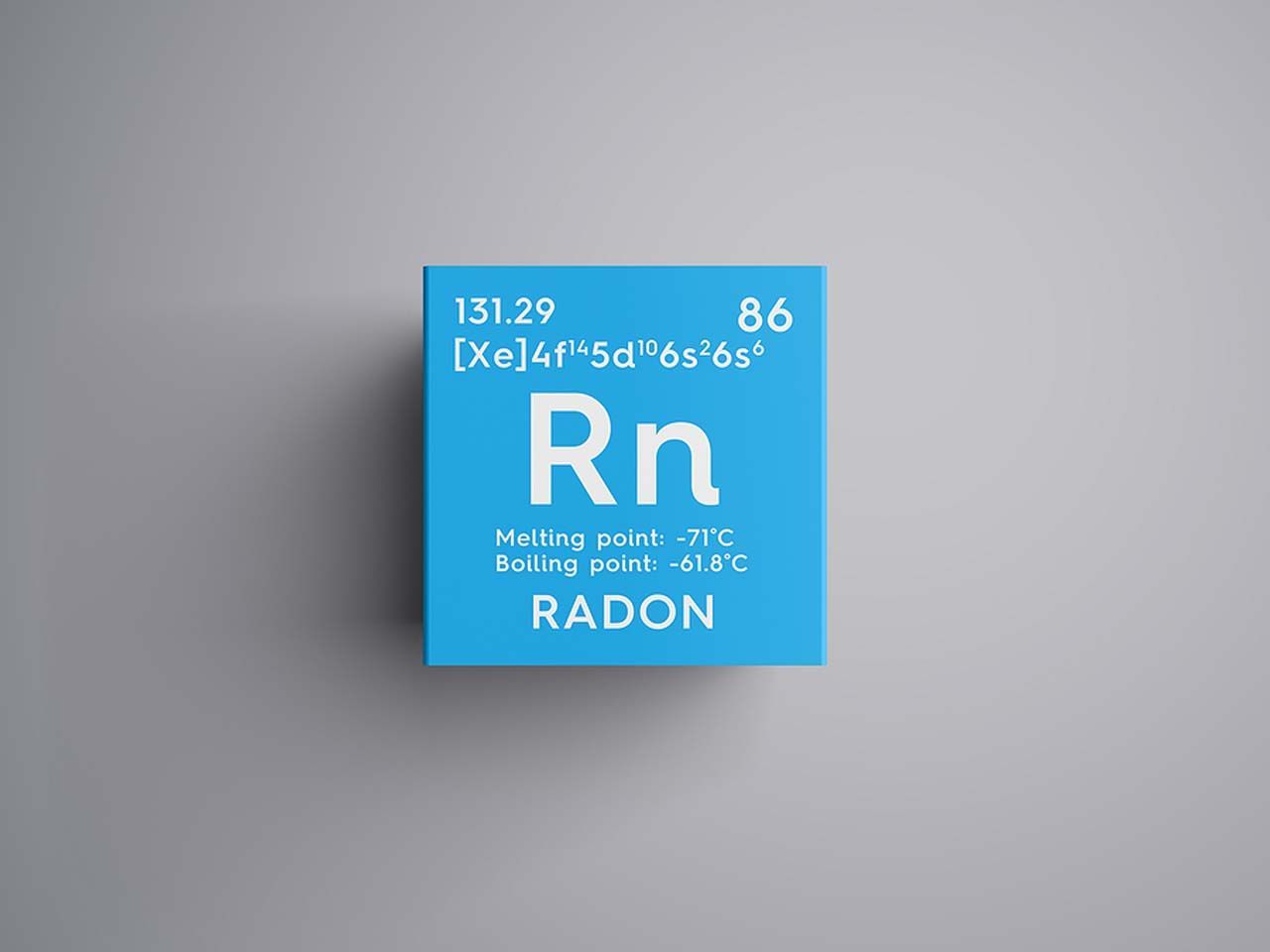Blue periodic-table tile for radon with “Rn” and atomic number 86 on a gray background.