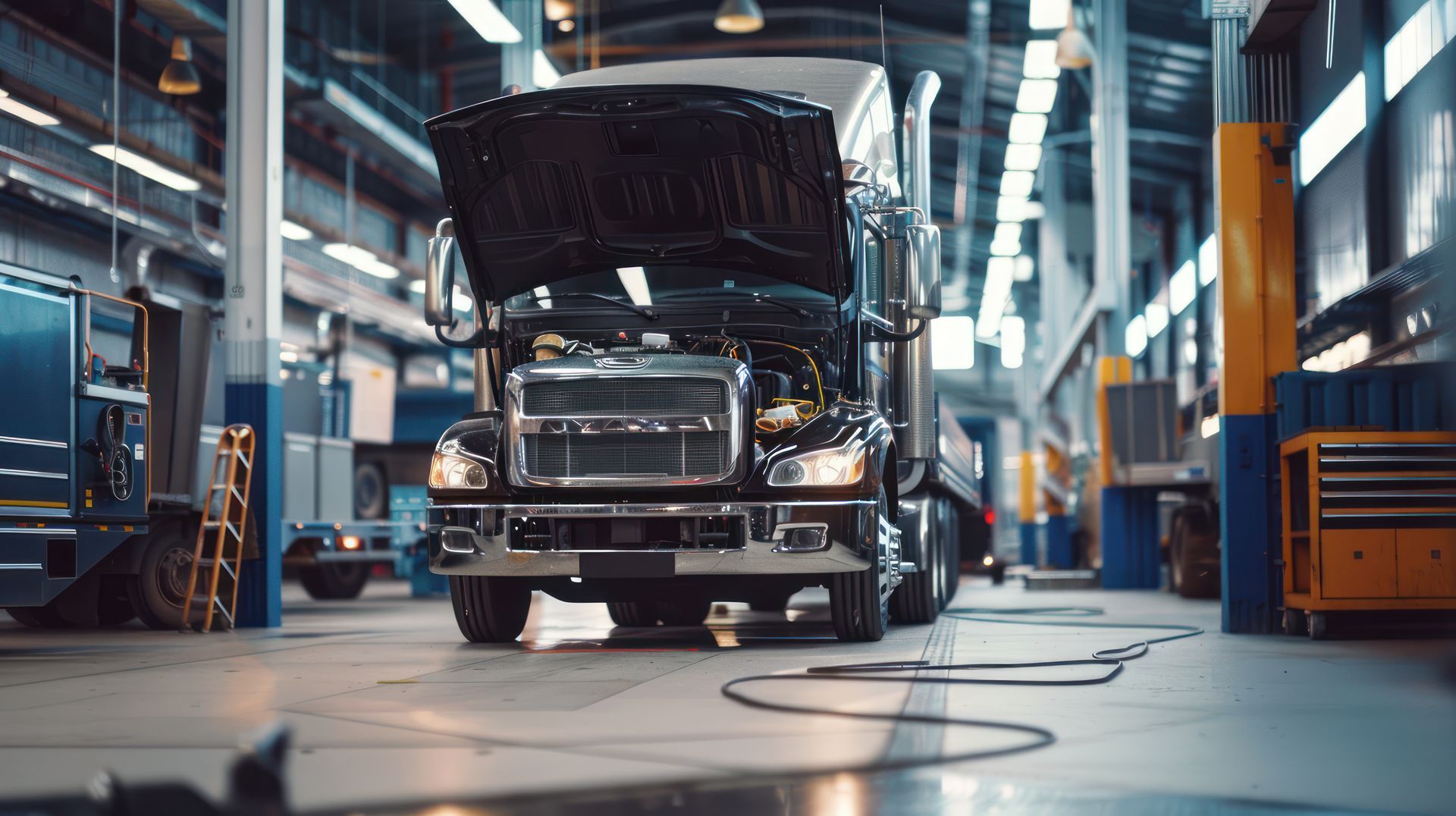 Truck with open hood undergoing maintenance in a brightly lit service workshop.