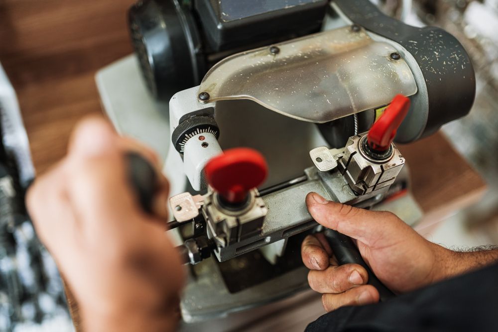 Hands using a machine with red levers to work on a clear plastic object in a workshop