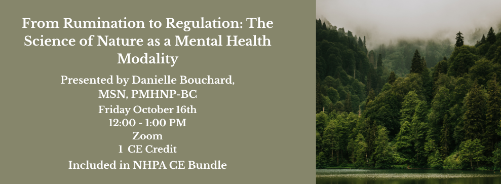 Book cover: "From Rumination to Regulation: The Science of Nature as a Mental Health Modality" over forest background
