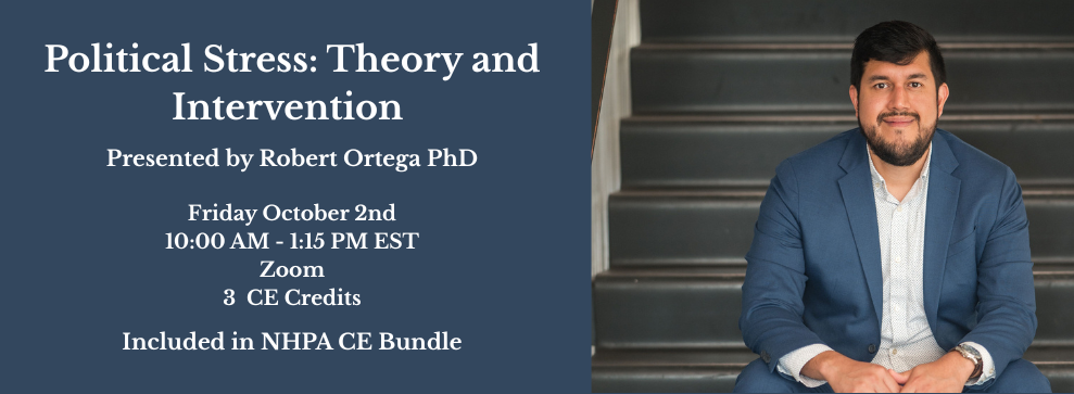 Event flyer: "Political Stress: Theory and Intervention," with speaker portrait on the right.