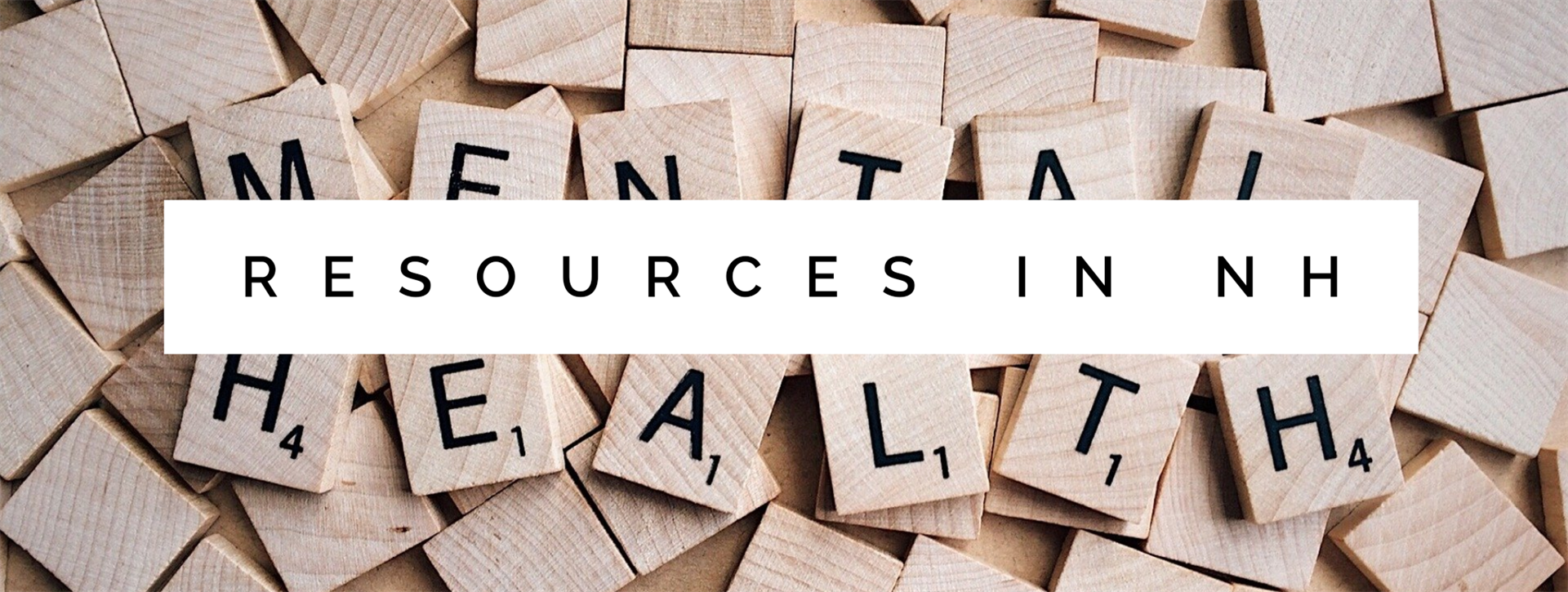 Collage of letter tiles spelling “Mental Health Resources in NH” on a gray background