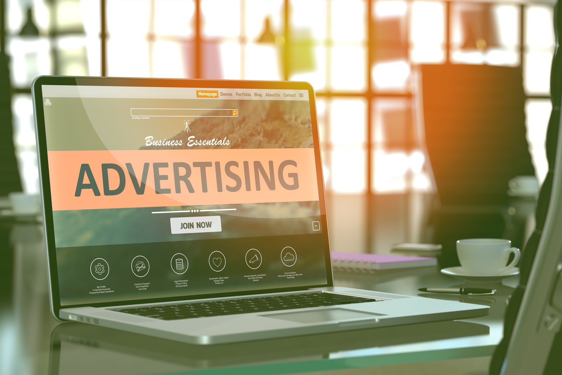A laptop computer is open to a page that says advertising.