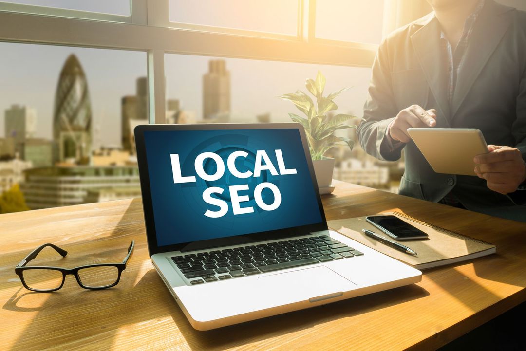 A man is sitting at a table with a laptop and a tablet that says SEO
