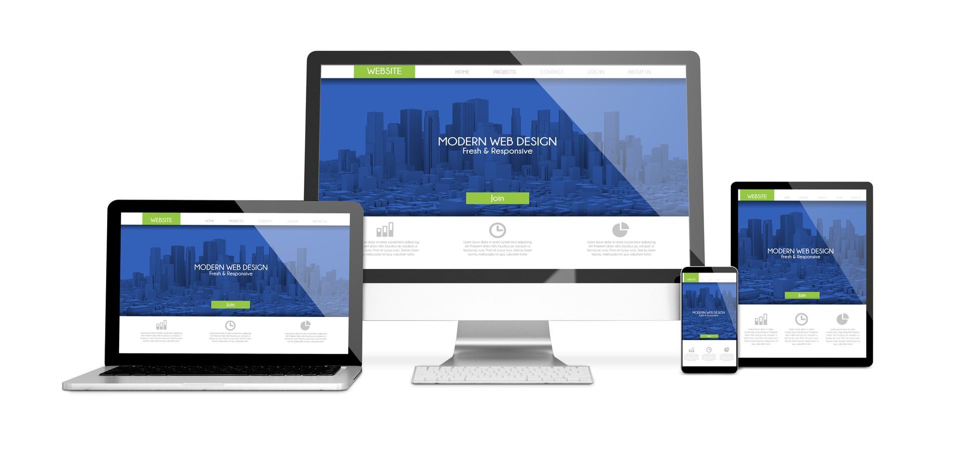 A computer , laptop , tablet , and phone are displaying a website.