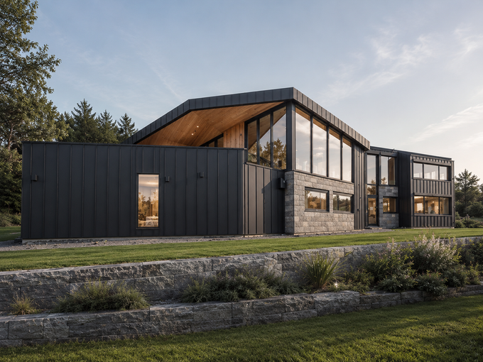 Moderne svartkledd hus med store vinduer og skråtak