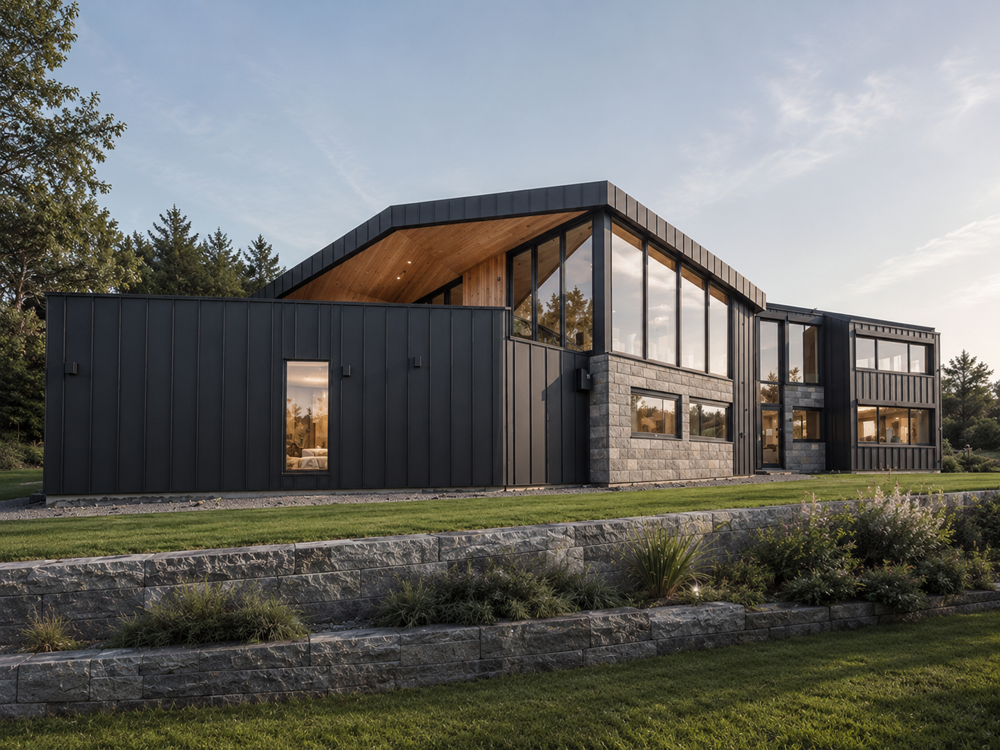 Moderne svartkledd hus med store glassvinduer og skråtak 