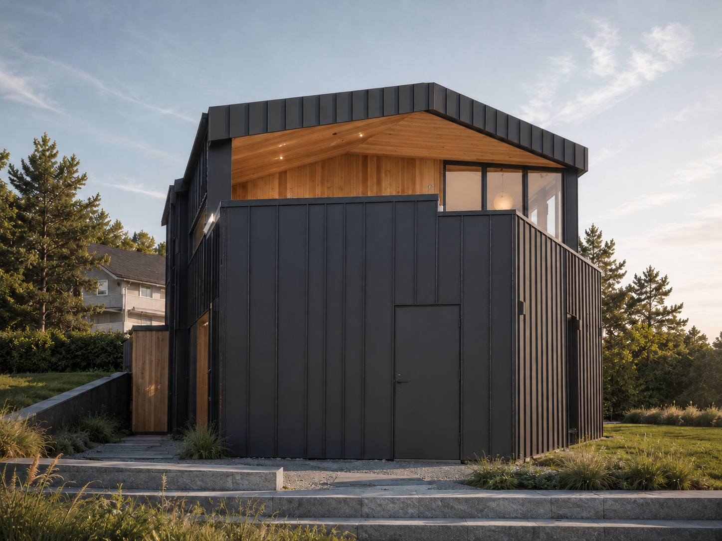 Moderne hus i svart og tre med skråtak