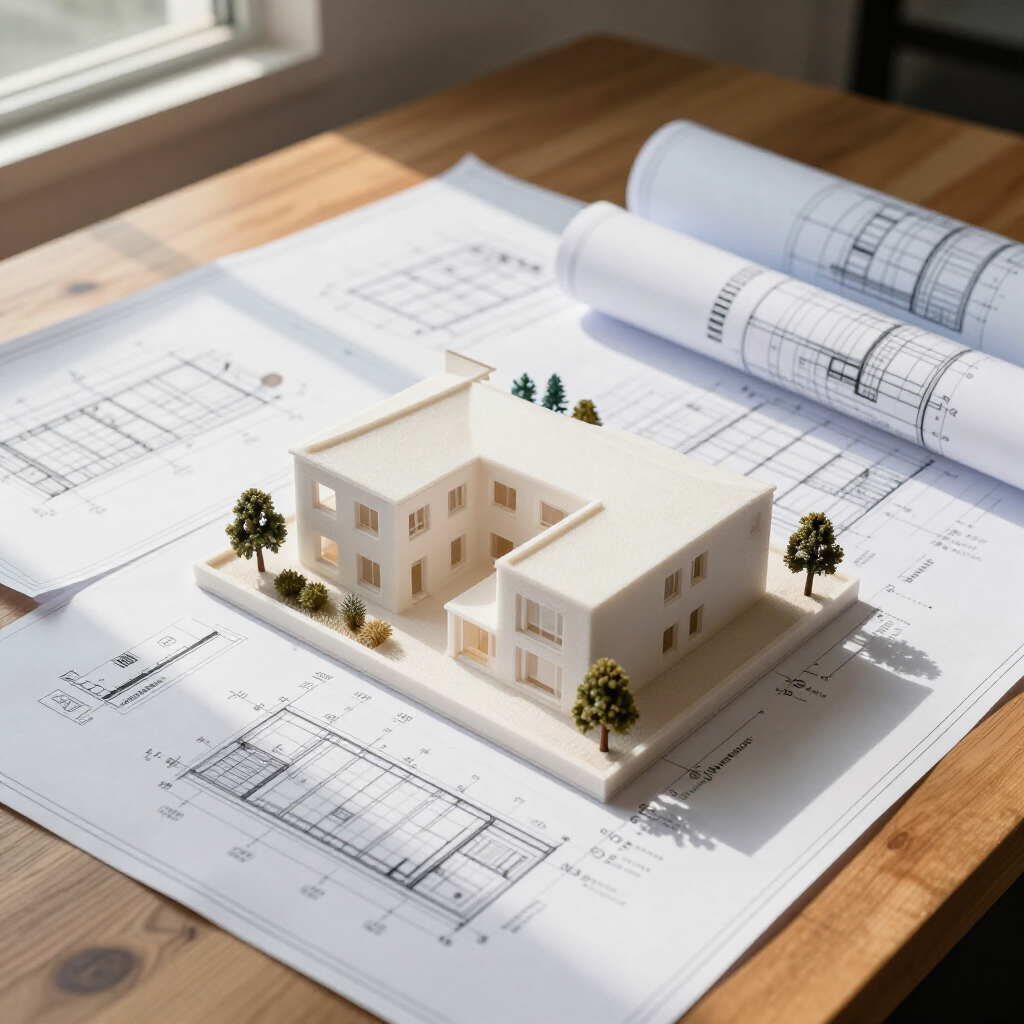Miniatyrhusmodell på arkitektoniske tegninger på et trebord