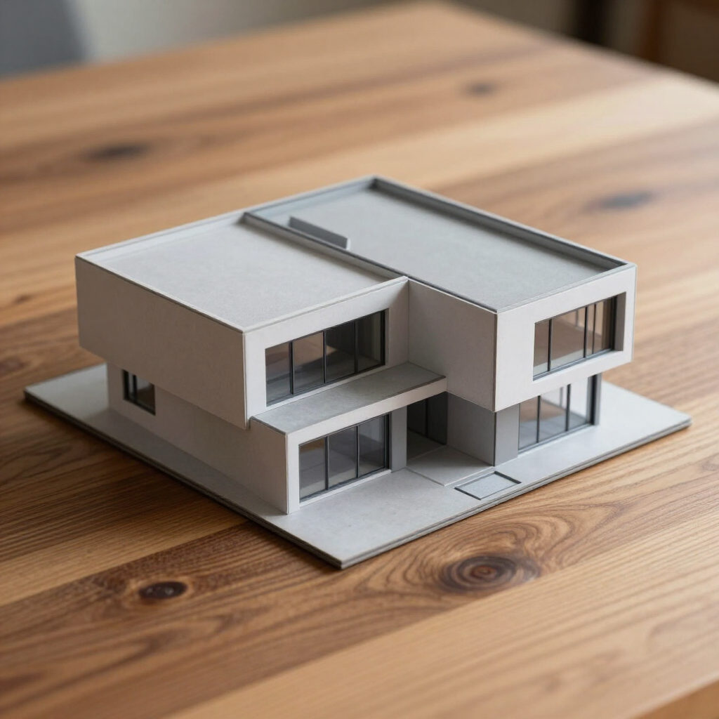 Moderne hvit arkitektonisk modell av et toetasjes hus på et trebord