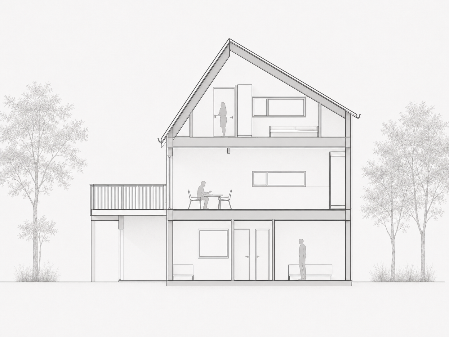 Arkitektonisk tverrsnitt av et hus som viser tre innvendige etasjer og en liten sideterrasse, med trær utenfor