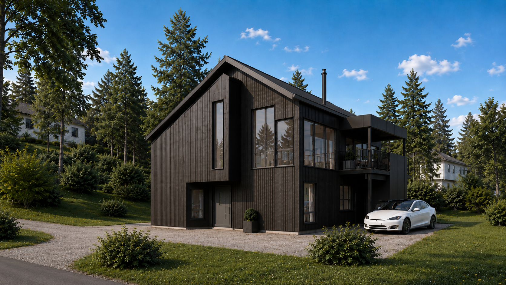 Mørkt moderne hus i skogkledde forstadsområder med en hvit bil parkert utenfor