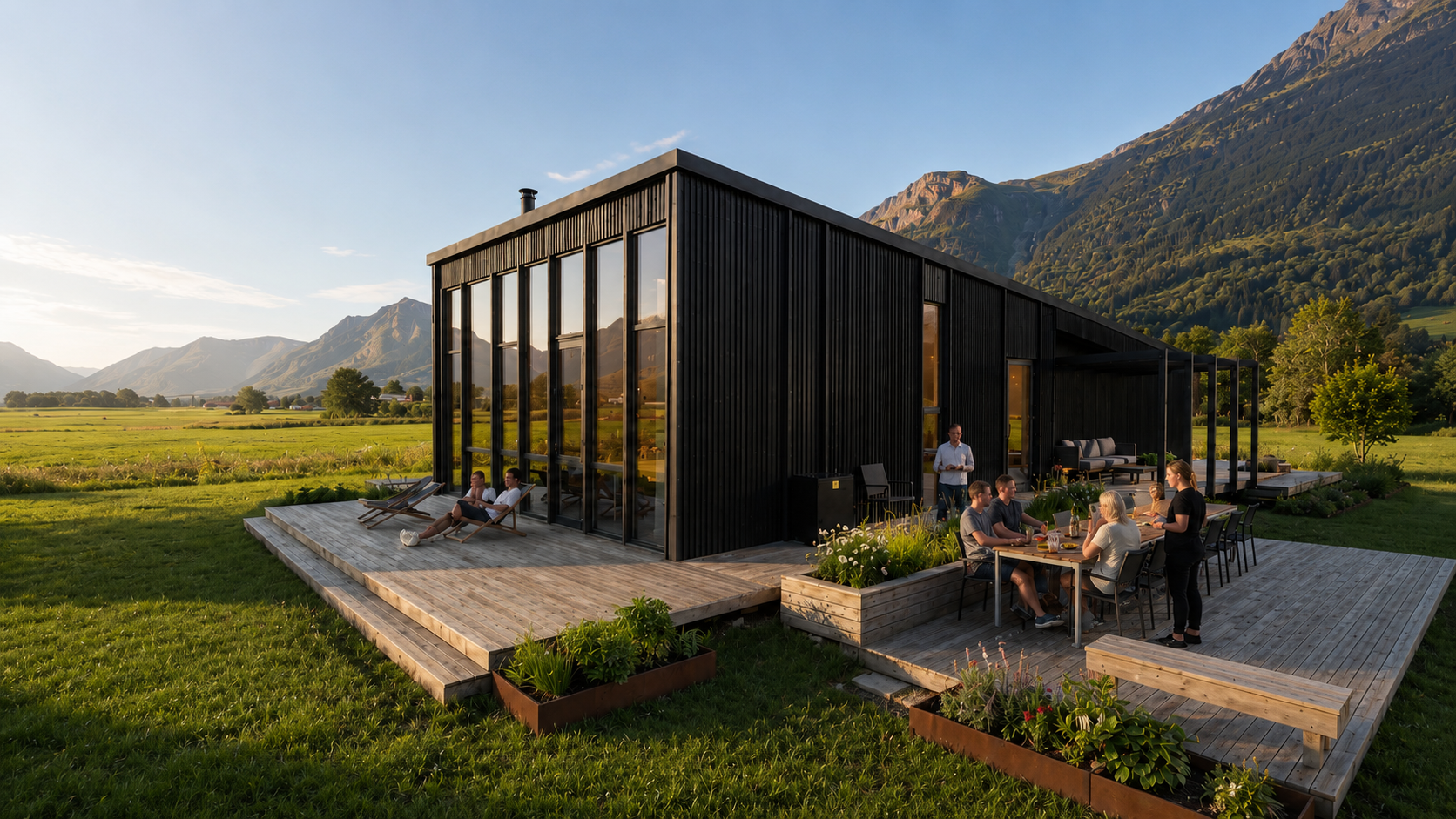 Moderne svart hus med glassvegger